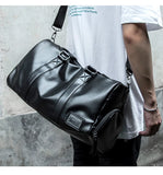 Leather Travel Duffel Bag for Men Women, Vintage Waterproof Bag with Shoe Pouch, Overnight Gym Sports Carry-On Weekend Tote Bag