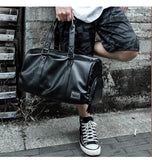 Leather Travel Duffel Bag for Men Women, Vintage Waterproof Bag with Shoe Pouch, Overnight Gym Sports Carry-On Weekend Tote Bag