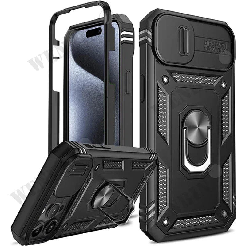 Case For iPhone 17 16 16e 15 14 13 12 11 Pro Max Plus Mini XS XR 8 Plus 8 7 SE Heavy Duty with Camera 360 Degree Kickstand Cover