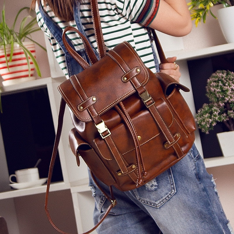 Vintage Leather Backpack Women Fashion Large Drawstring Rucksack School Travel Bag For Teenage Girls mochilas Black Brown XA480H