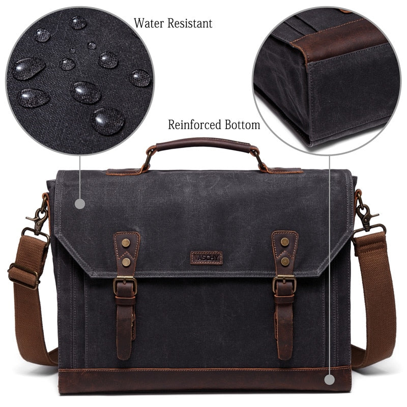 VASCHY Canvas Messenger Bag for Men Vintage Leather Bag Men Waxed Canvas Briefcase Men for 17.3 inch Laptop Office Bags for Men