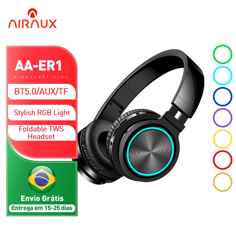 AIRAUX ER1 Bluetooth-compatible Wireless Headphones HiFi Stereo Music Headset RGB HD Call TF Card Earphone