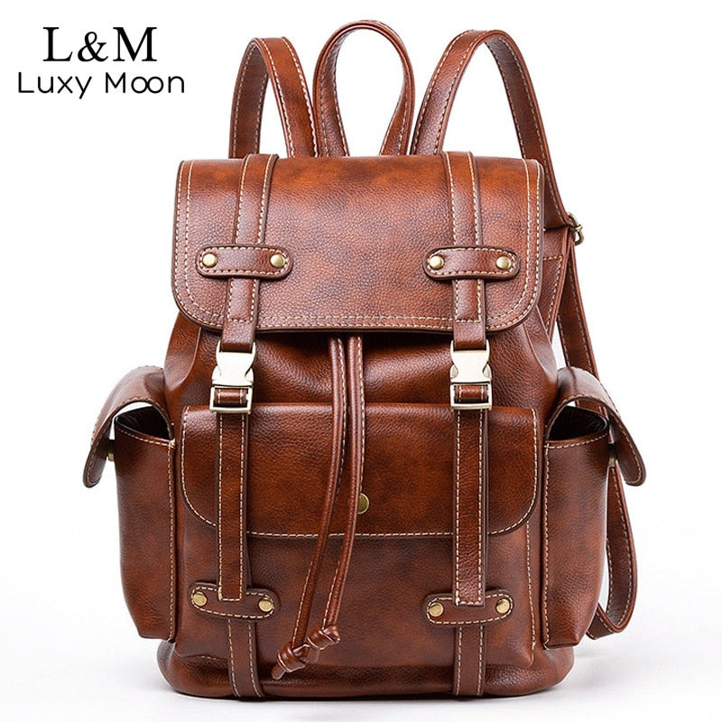 Vintage Leather Backpack Women Fashion Large Drawstring Rucksack School Travel Bag For Teenage Girls mochilas Black Brown XA480H