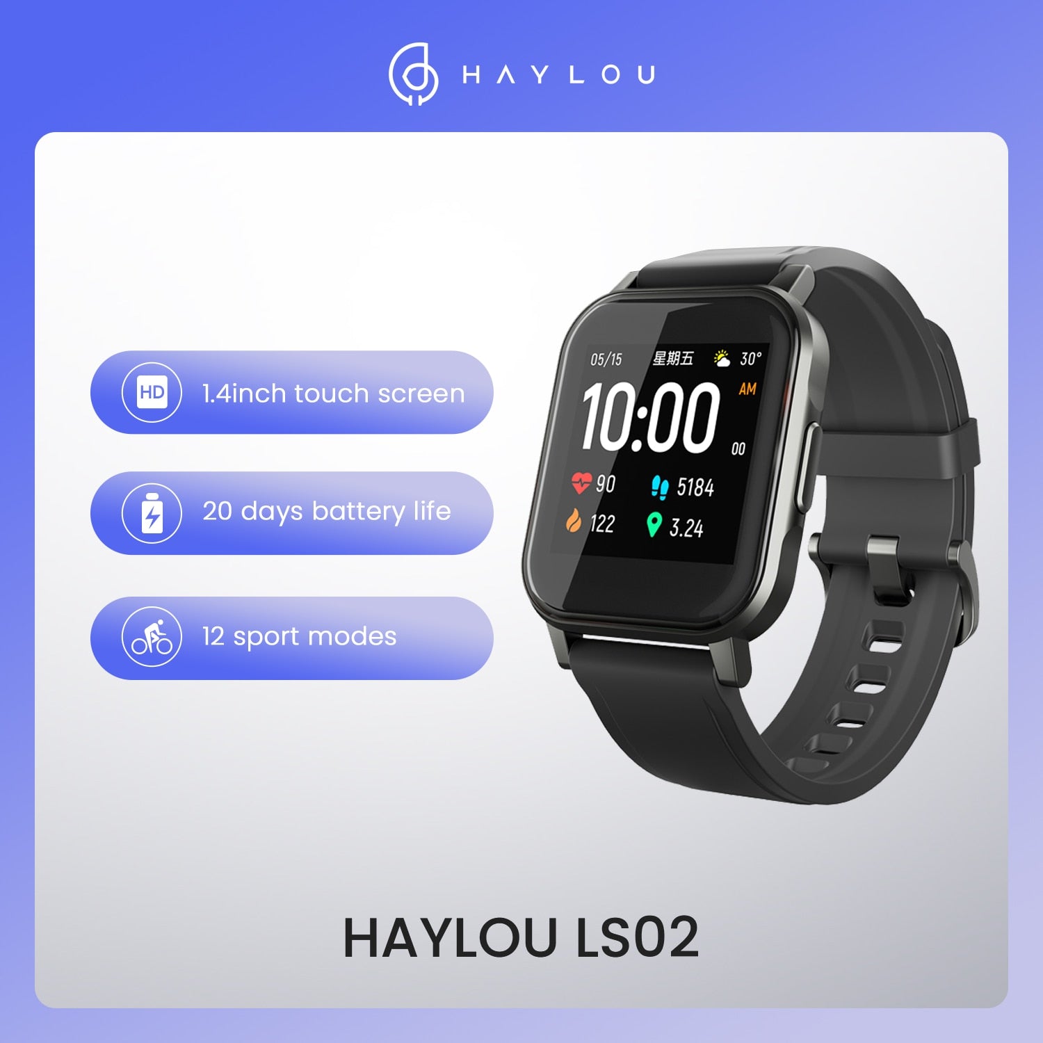 Original Haylou LS02 Smart Watch Men ,IP68 Waterproof ,12 Sport Models,Bluetooth 5.0 Sport Heart Rate Monito,English Version