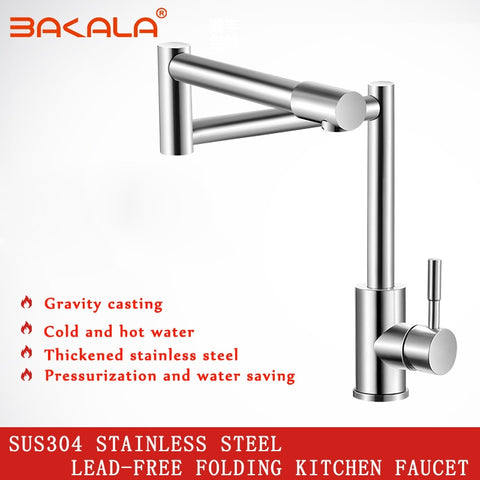 BAKALA 304 Stainless Steel Lead-free Folding Kitchen Faucet Mixer 360 Degree Swivel Single Handle Nickel Kitchen Sink basin Taps